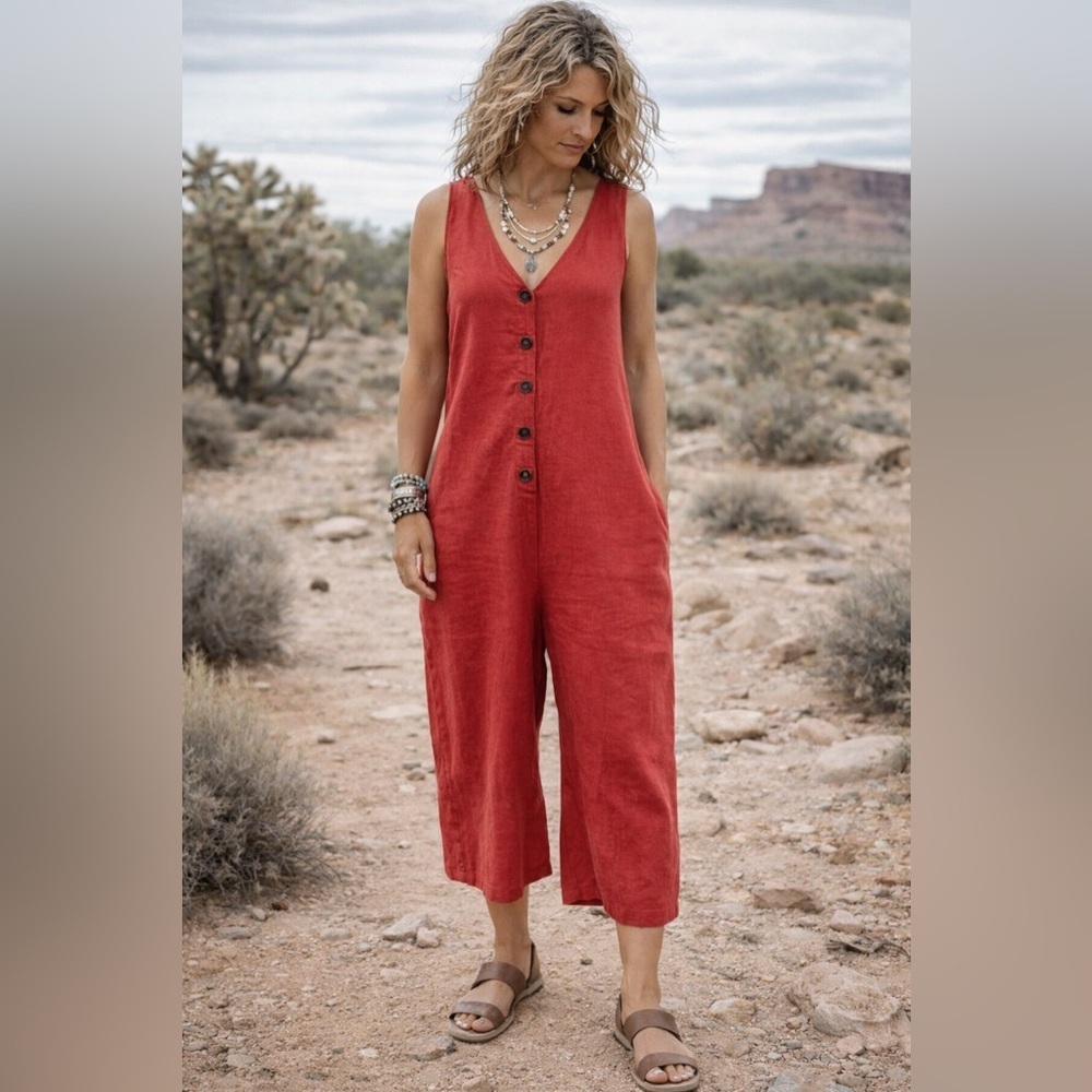 Knot Sisters Riley Jumpsuit Womens Sz S Terracotta Linen Wide Leg Minimalist